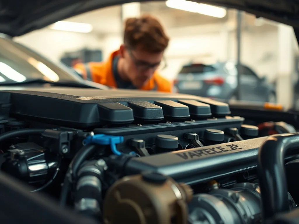 Zbliżenie na blok silnika nowoczesnego samochodu, przy którym pracuje mechanik. Ilustracja pracy jednostki napędowej.