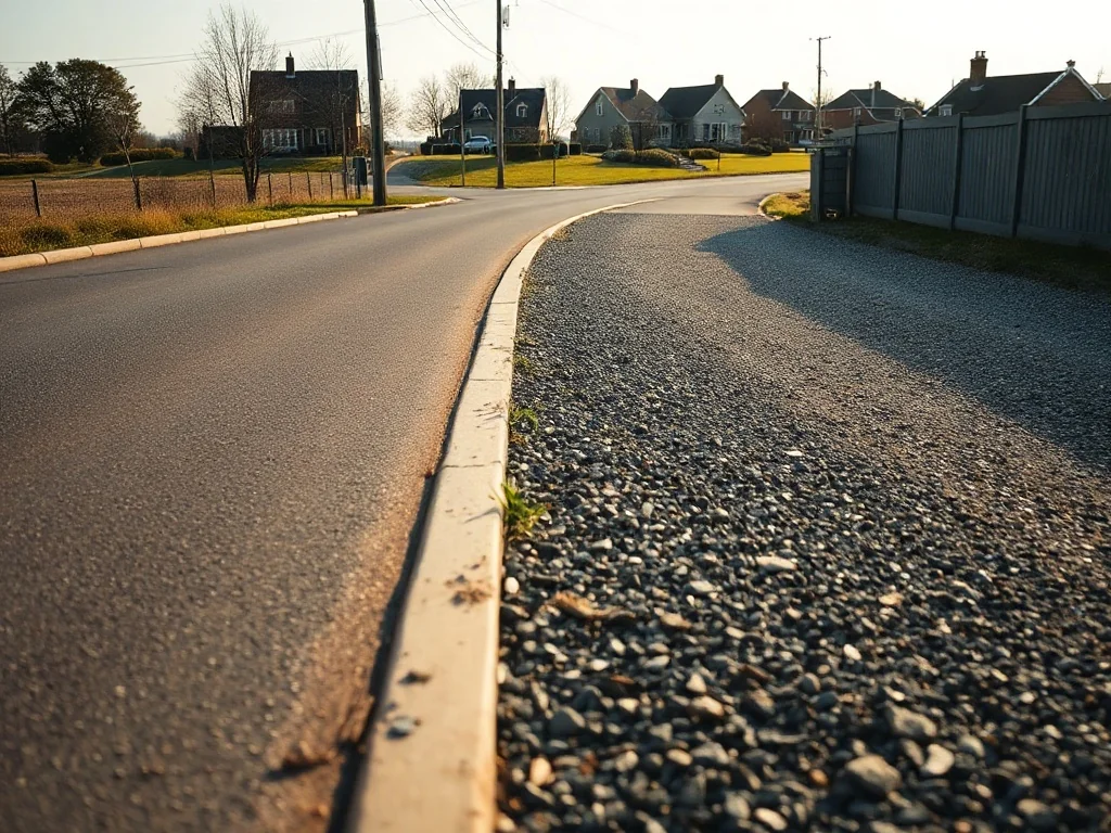 Granica między asfaltową drogą publiczną a prywatnym żwirowym podjazdem na tle domów jednorodzinnych.
