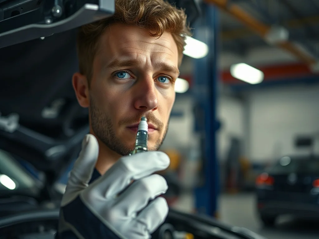 Mechanik w profesjonalnym warsztacie trzyma nową świecę zapłonową przy otwartej komorze silnika samochodu.