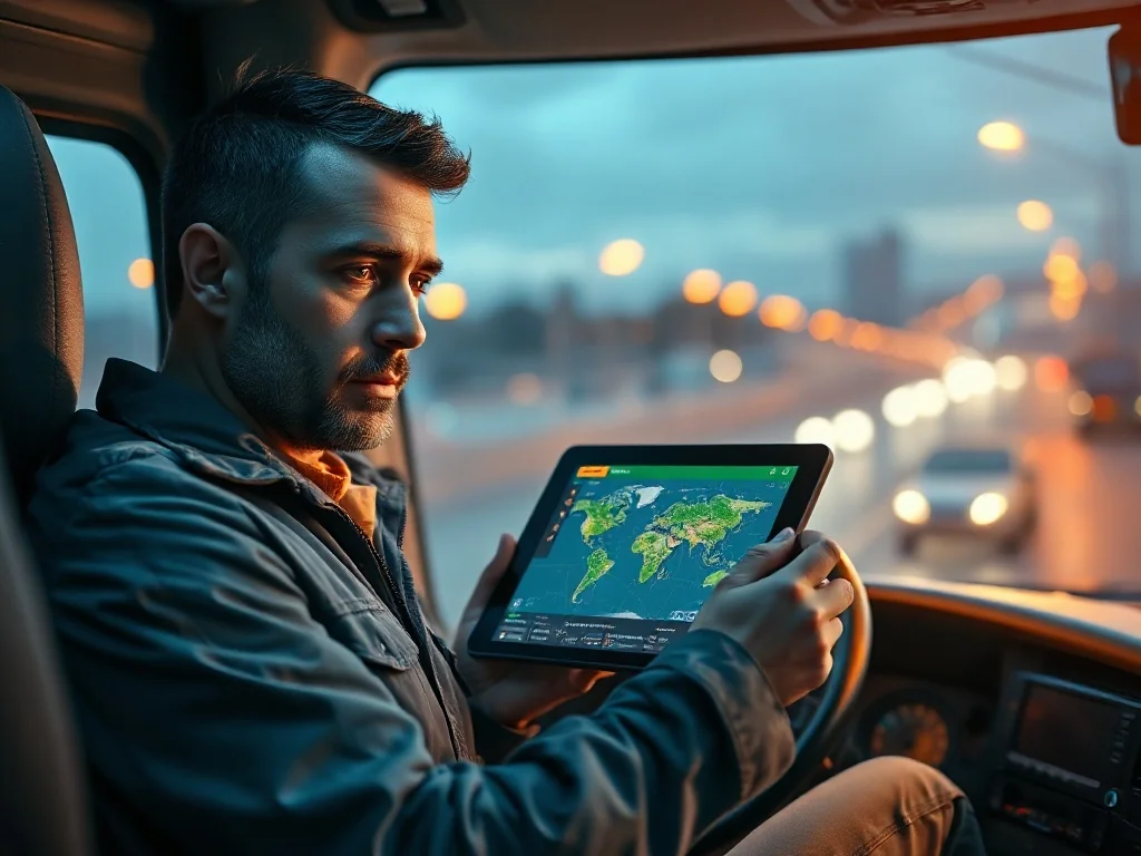 Kierowca ciężarówki korzystający z tabletu z nawigacją GPS w nowoczesnej kabinie podczas nocnej trasy.