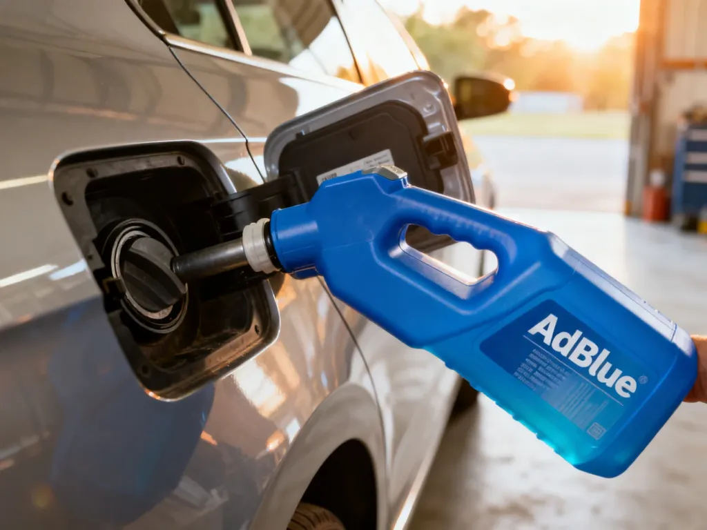 Wlew AdBlue w samochodzie podczas uzupełniania płynu z niebieskiego kanistra.