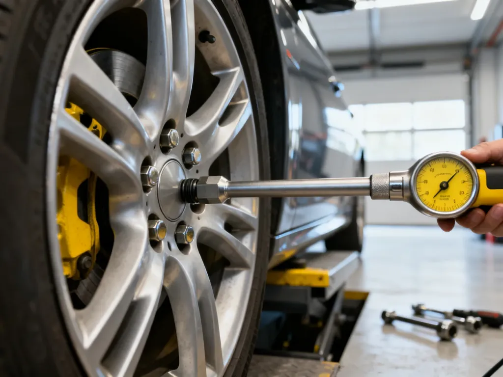 Mechanik dokręca śruby koła samochodu za pomocą klucza dynamometrycznego w profesjonalnym warsztacie.