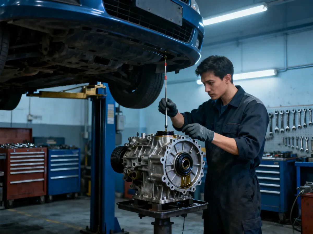 Mechanik sprawdzający poziom oleju i wycieki w manualnej skrzyni biegów