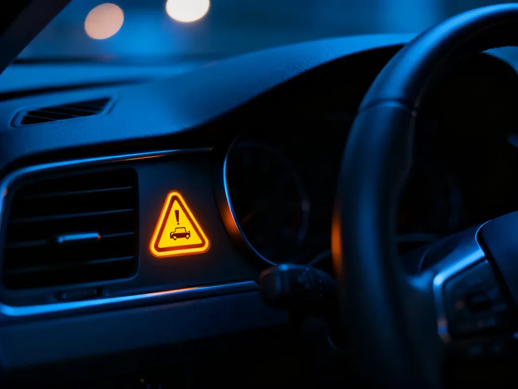 Świecąca na żółto kontrolka „check engine” na desce rozdzielczej samochodu w nocy.