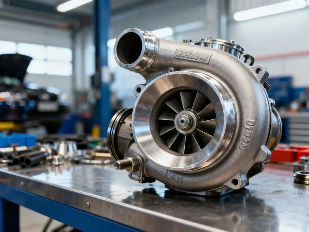 Zdemontowana turbosprężarka z widocznymi precyzyjnymi elementami mechanicznymi na czystym stole warsztatowym.