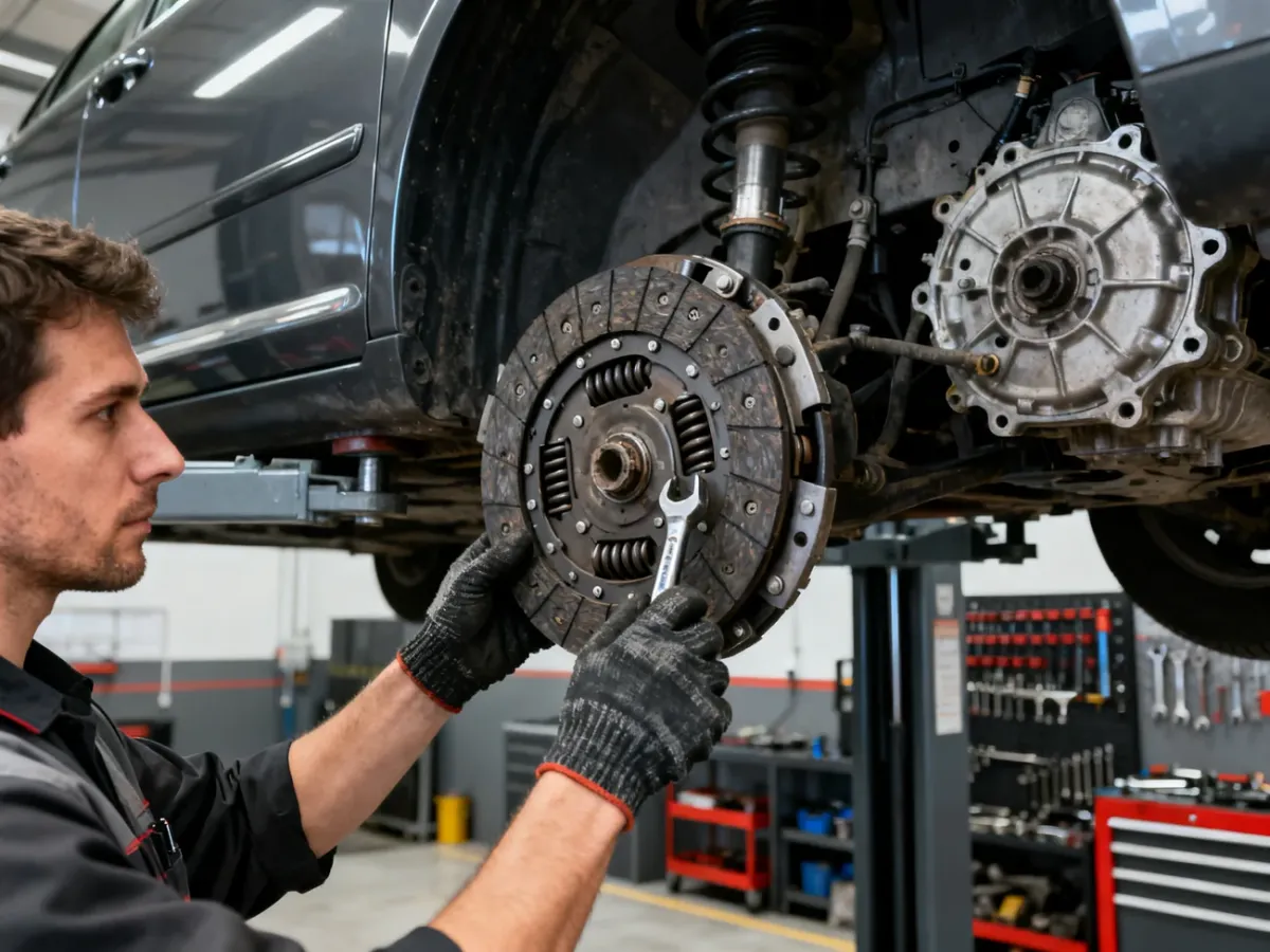 Mechanik sprawdzający układ sprzęgła samochodu w warsztacie
