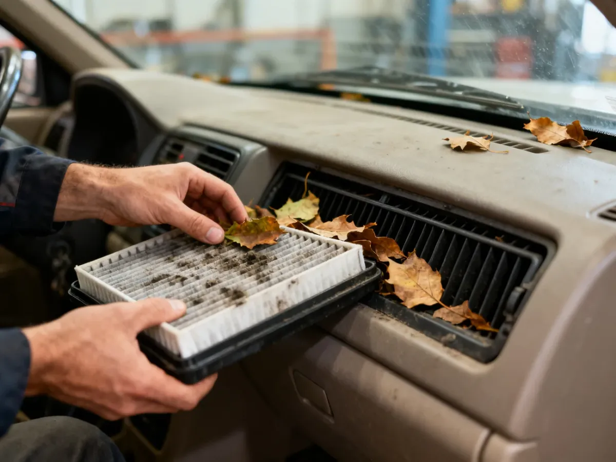 Mechanik sprawdzający zabrudzony filtr kabinowy i wlot powietrza