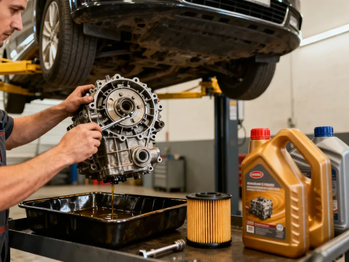 Mechanik podczas serwisu olejowego automatycznej skrzyni biegów