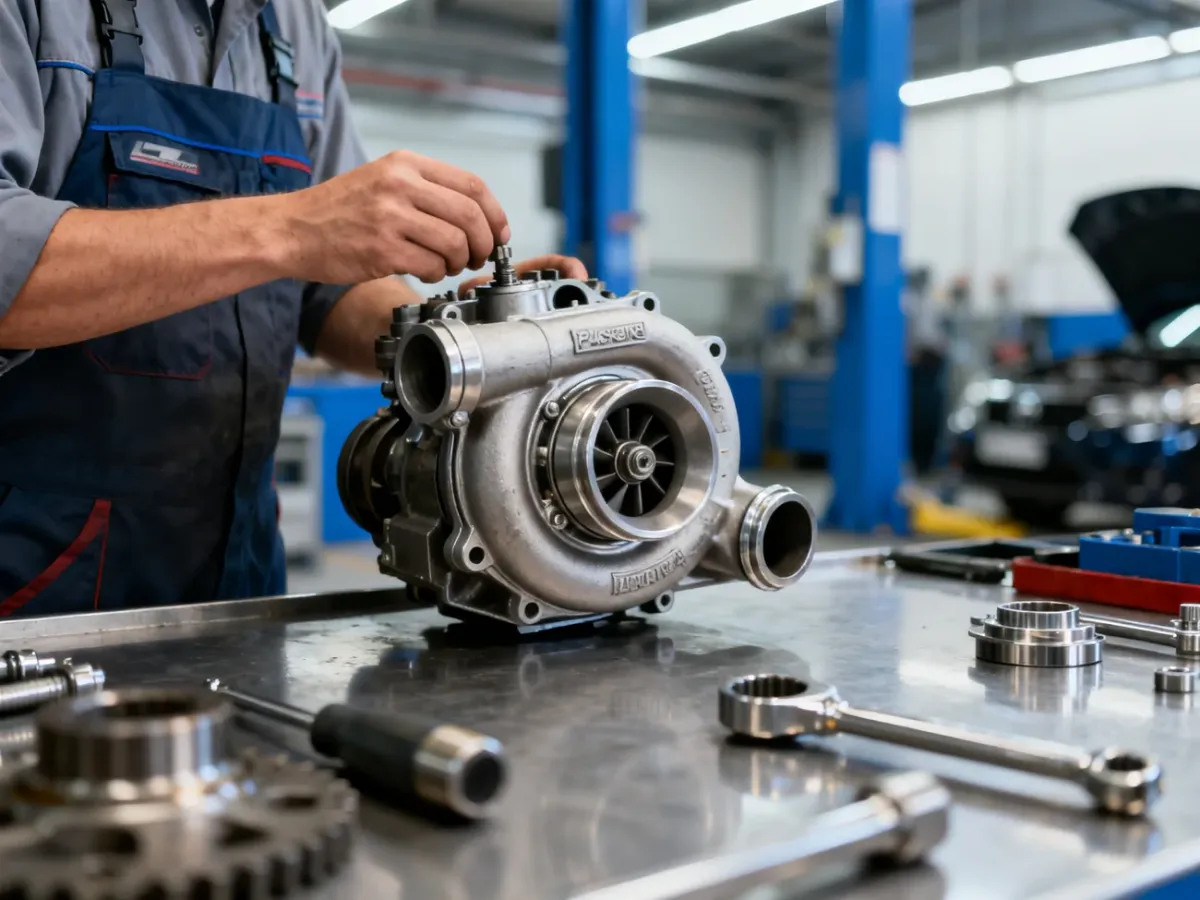 Mechanik oceniający rozebraną turbosprężarkę w warsztacie