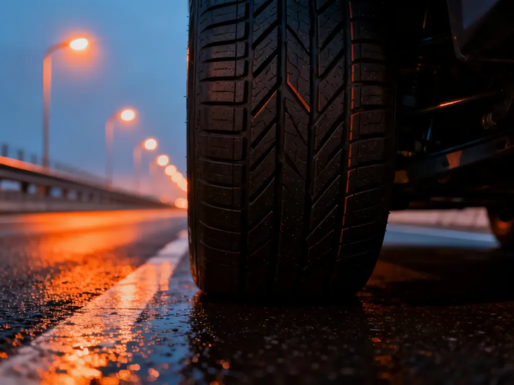 Zbliżenie na bieżnik opony Laufenn na mokrej nawierzchni z rozmytymi światłami autostrady w tle.