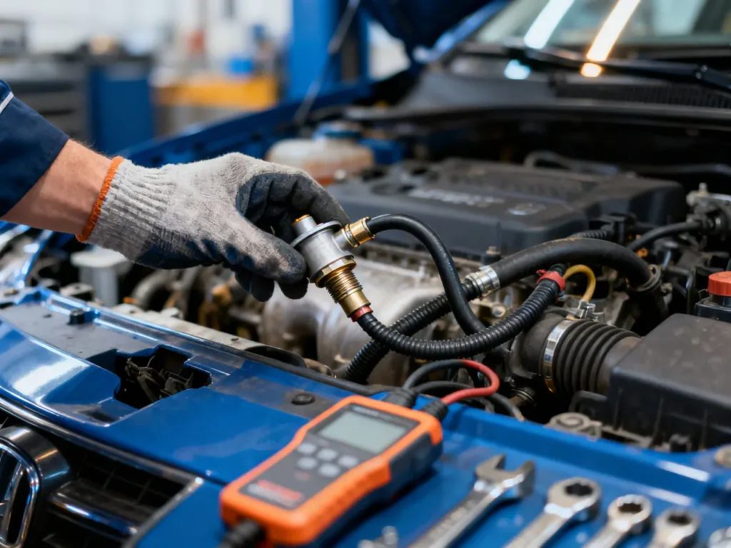 Mechanik w rękawiczkach sprawdza zawór odmy i przewody w komorze silnika, używając narzędzi diagnostycznych.