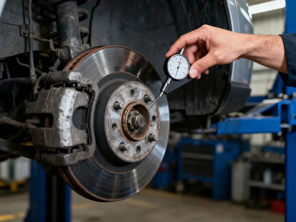 Mechanik mierzący bicie tarczy hamulcowej czujnikiem zegarowym