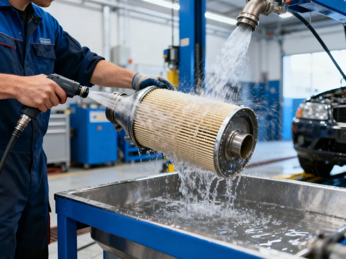 Mechanik czyści zdemontowany filtr DPF metodą hydrodynamiczną