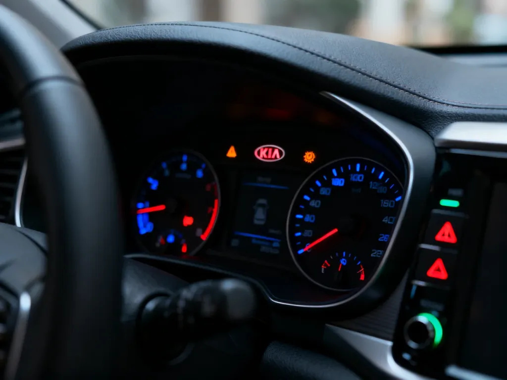 Podświetlone kontrolki na desce rozdzielczej samochodu Kia Sportage, prezentujące różne symbole ostrzegawcze.