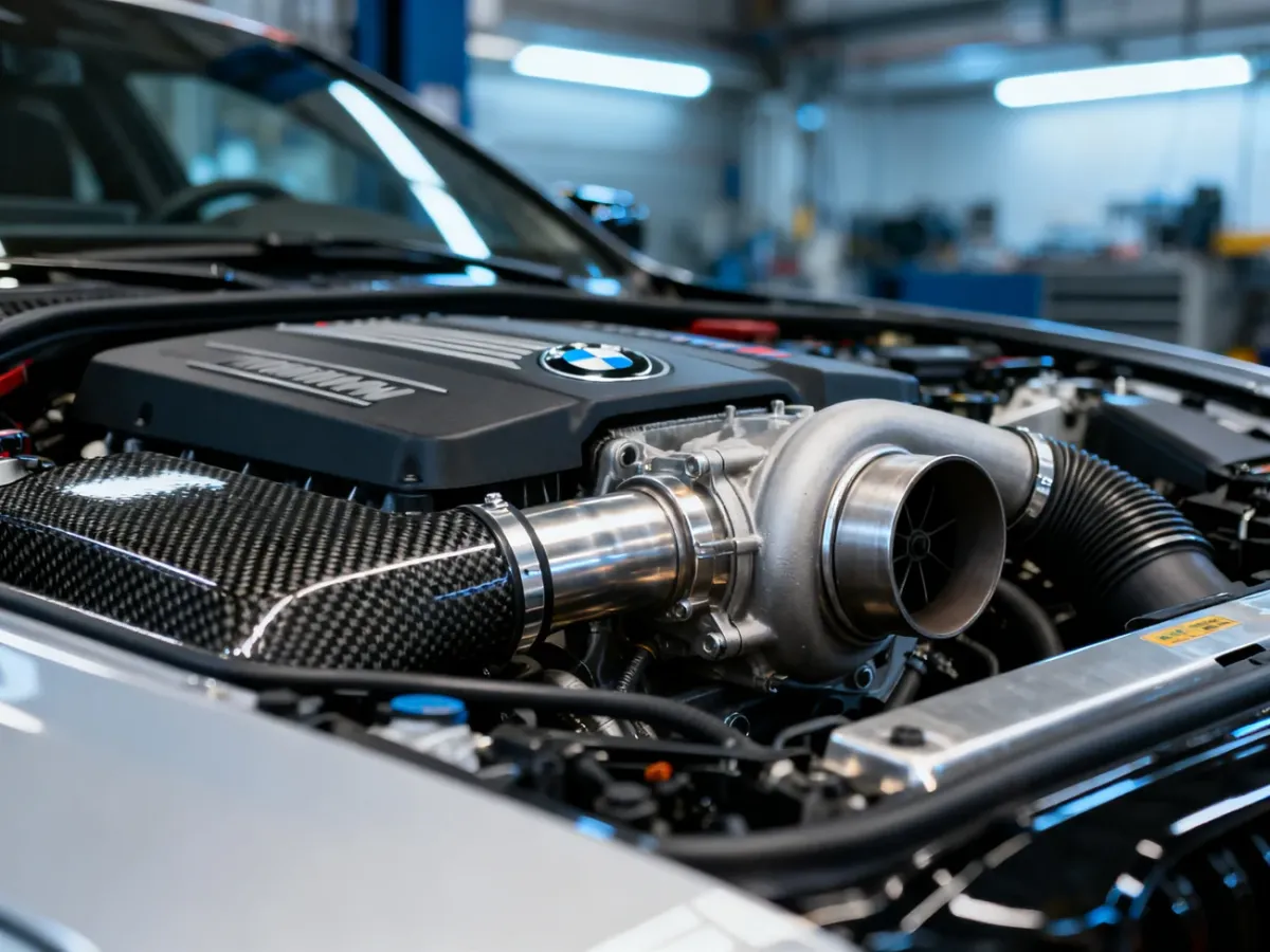 Otwarta komora silnika BMW serii 3 (G20) z widocznymi detalami jednostki napędowej i elementami z włókna węglowego.