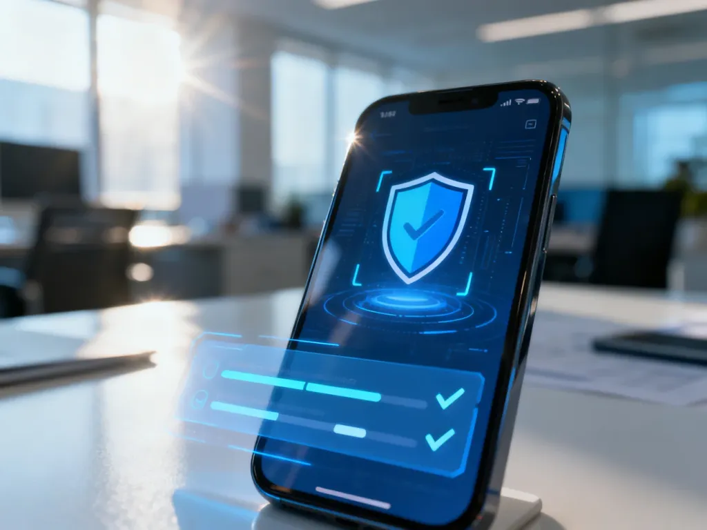 Smartfon z ikoną tarczy na ekranie, symbolizujący bezpieczne sprawdzanie punktów karnych przez internet.