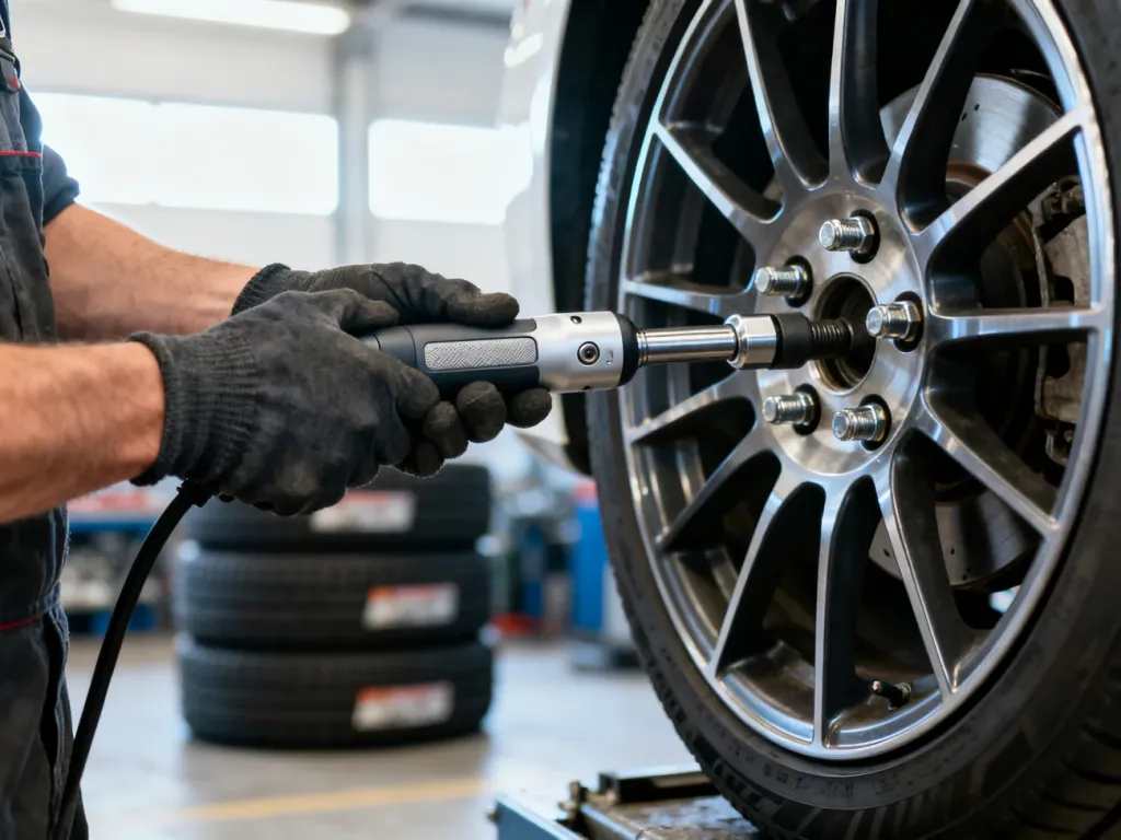 Mechanik dokręca śruby koła kluczem dynamometrycznym w profesjonalnym warsztacie samochodowym.