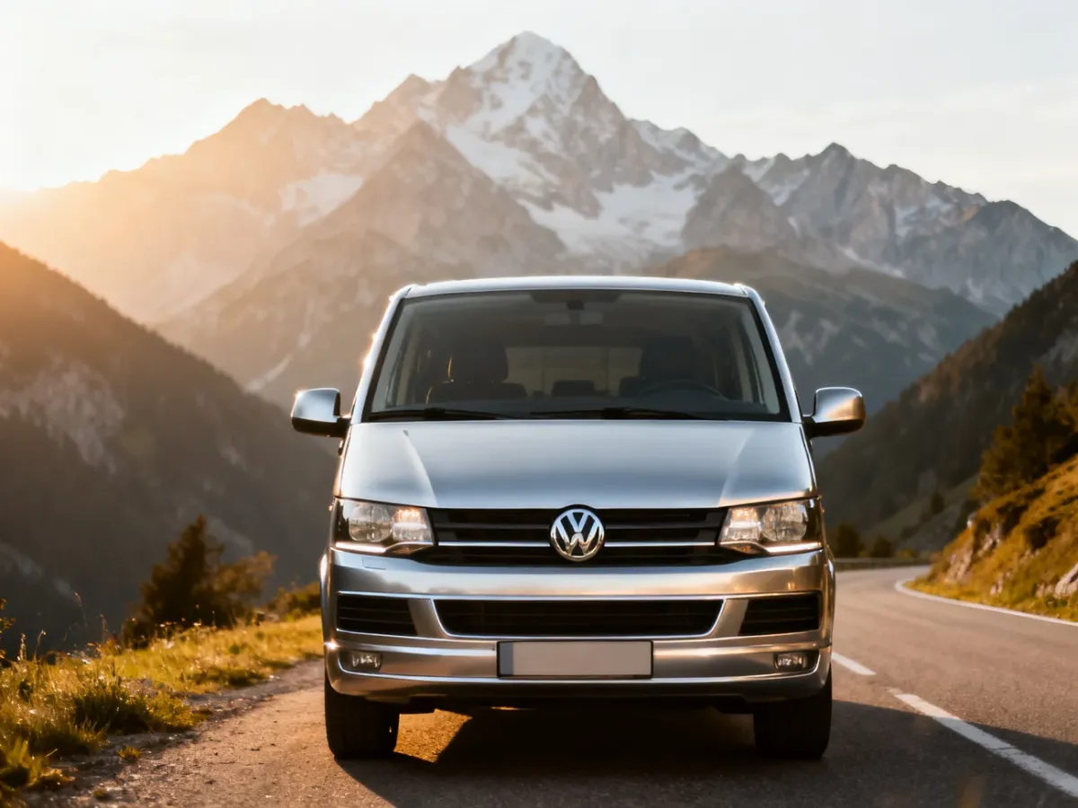 Srebrny Volkswagen T5 zaparkowany na malowniczej górskiej drodze w świetle zachodzącego słońca.