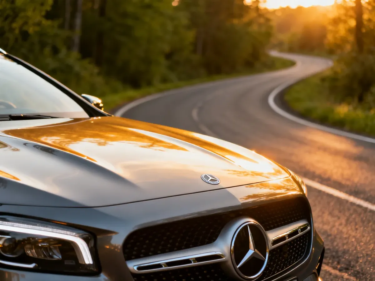 Nowoczesny Mercedes GLA zaparkowany na malowniczej górskiej drodze w świetle zachodzącego słońca.