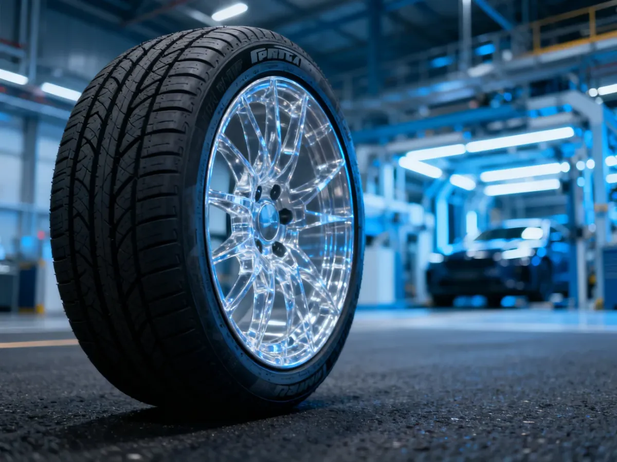 Opona samochodowa marki Hankook na asfalcie, wyeksponowana na tle nowoczesnej fabryki motoryzacyjnej.