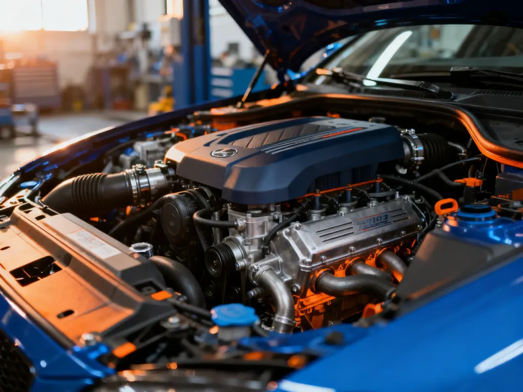Widok na nowoczesną komorę silnika Opla Insignii z wyraźnymi detalami mechanicznymi w profesjonalnym warsztacie.