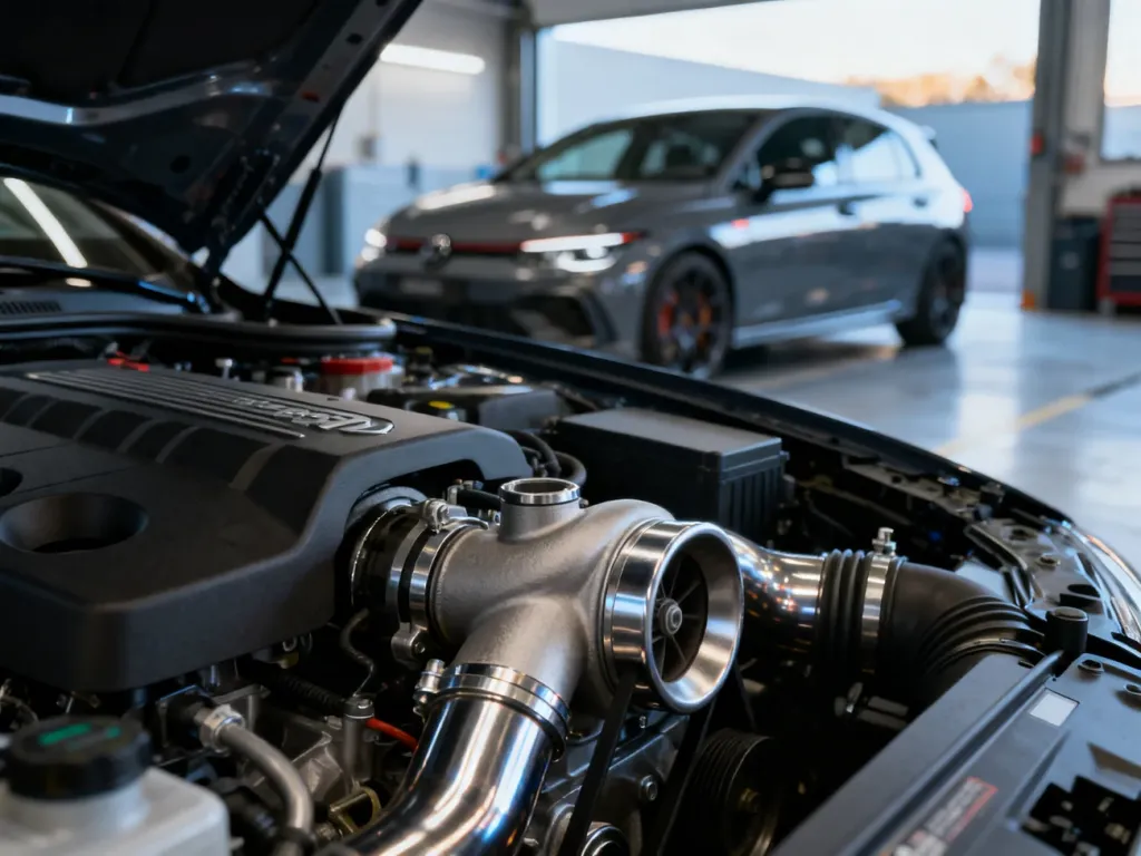 Otwarta komora silnika turbodoładowanego w nowoczesnym samochodzie Renault Megane w profesjonalnym warsztacie.