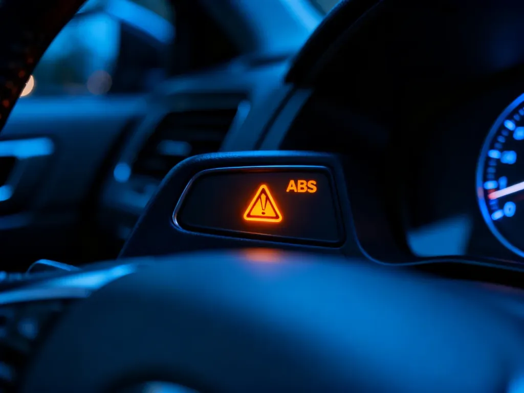 Świecąca na pomarańczowo kontrolka systemu ABS na desce rozdzielczej nowoczesnego samochodu w nocy.