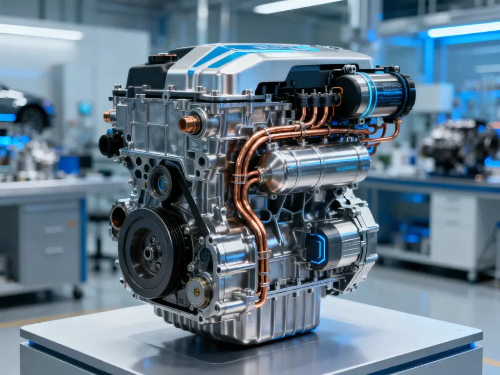 Nowoczesny silnik hybrydowy Dacia na studyjnym postumencie, prezentujący zaawansowaną technologię i metaliczne detale konstrukcji.