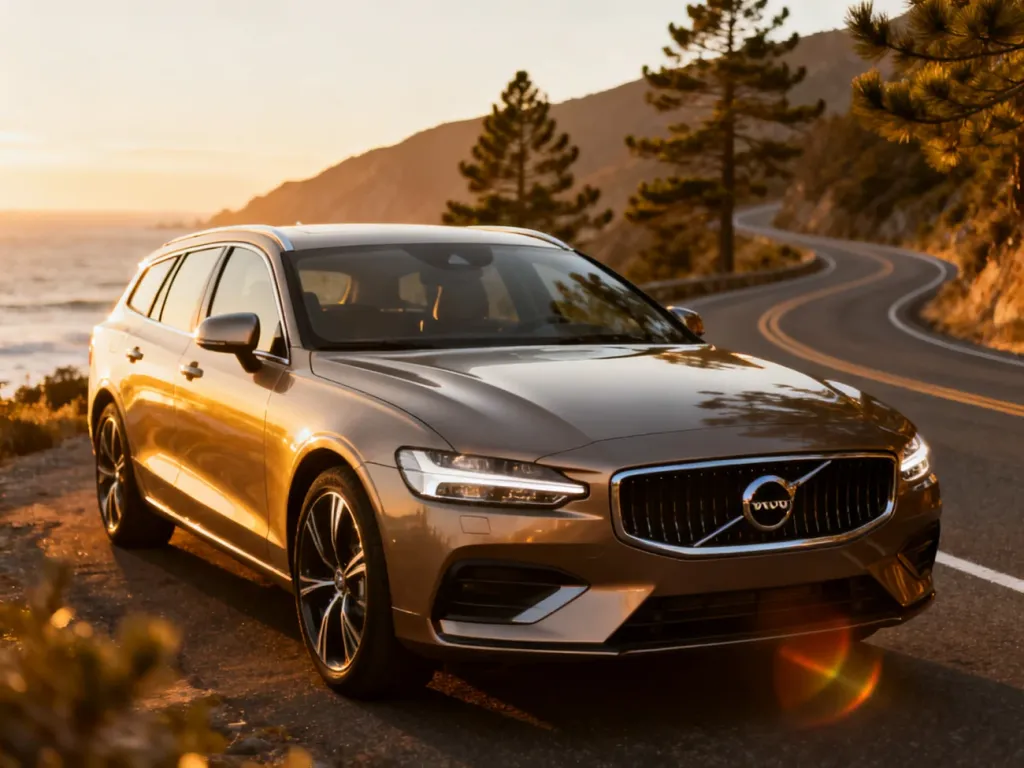 Nowoczesne Volvo V60 zaparkowane na malowniczej nadmorskiej drodze w świetle zachodzącego słońca.