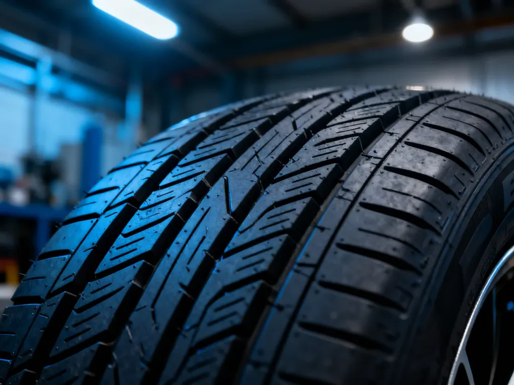 Zbliżenie na bieżnik opony Kumho z wyraźną teksturą gumy na tle nowoczesnego warsztatu.