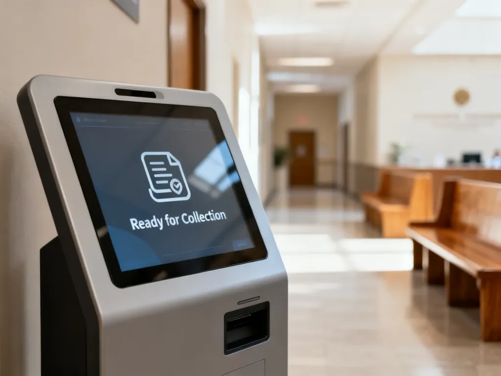 Ekran kiosku informacyjnego w urzędzie z komunikatem o gotowości dokumentu do odbioru.