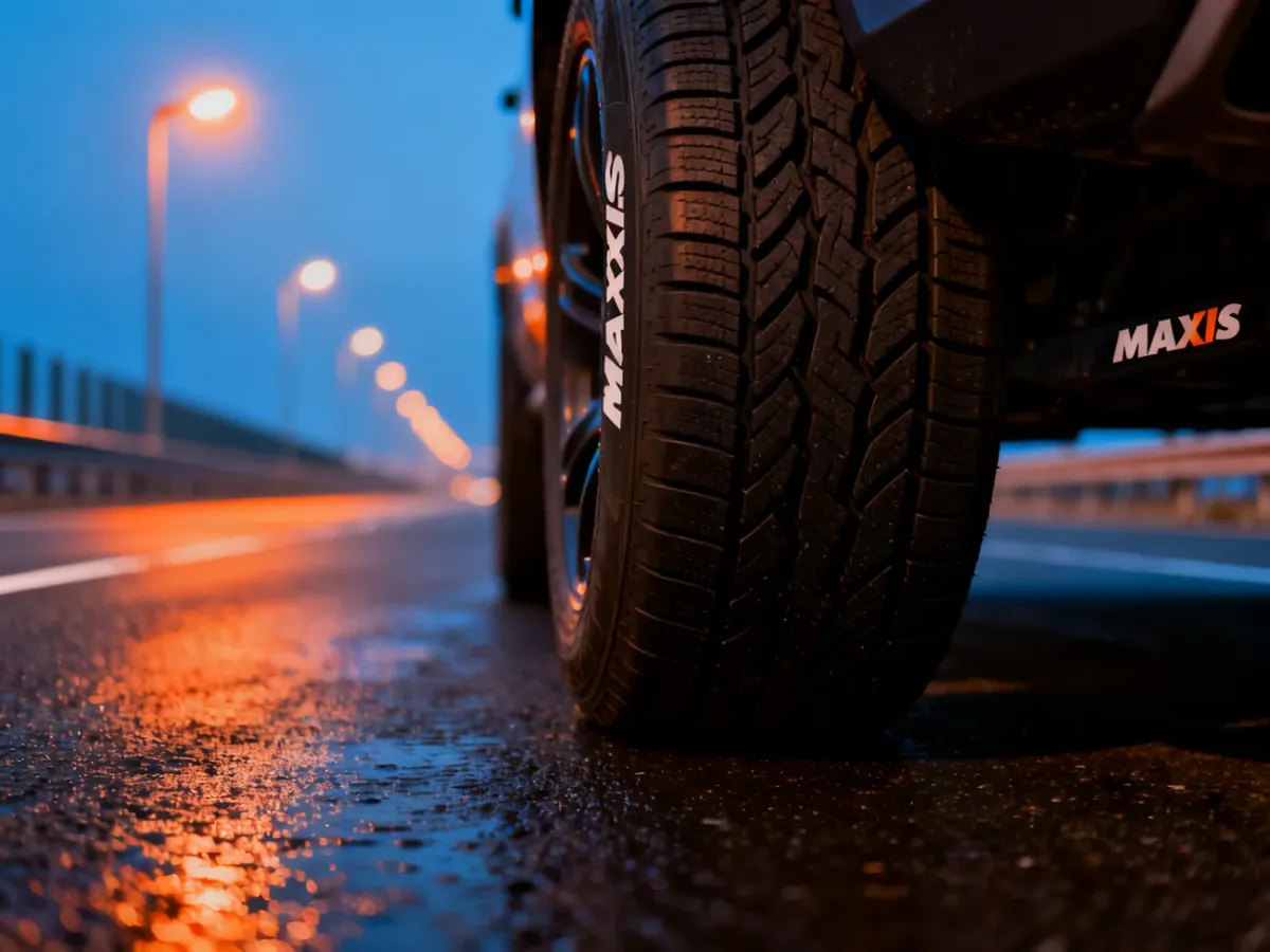 Zbliżenie na bieżnik opony marki Maxxis na mokrym asfalcie, podkreślające jakość wykonania i detale konstrukcyjne.