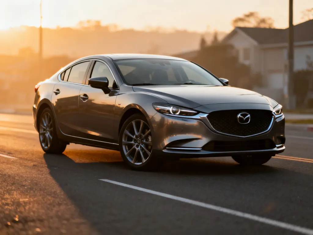 Elegancka Mazda 6 sedan zaparkowana na drodze w świetle zachodzącego słońca, podkreślająca dynamiczną sylwetkę auta.