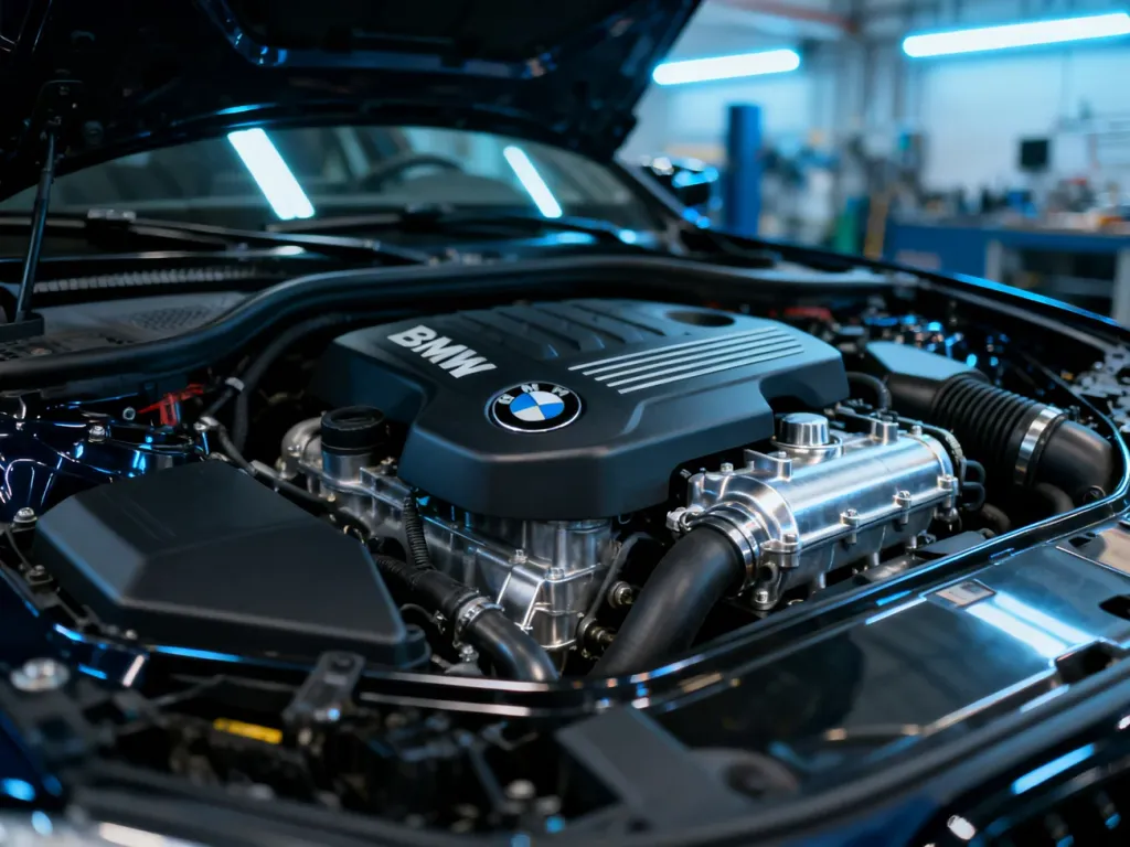 Otwarta komora silnika BMW z wyeksponowaną jednostką napędową w profesjonalnym warsztacie.