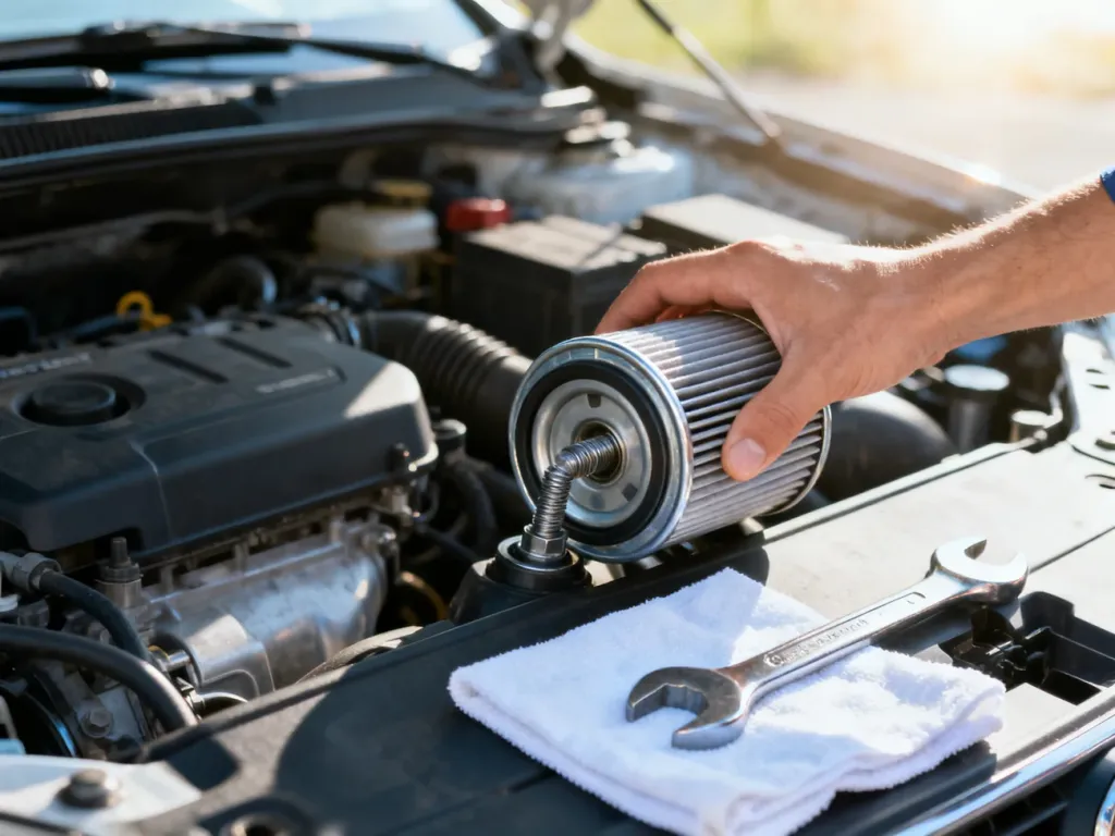 Mechanik odkręca filtr oleju w komorze silnika samochodu za pomocą klucza, przygotowując go do samodzielnej wymiany.