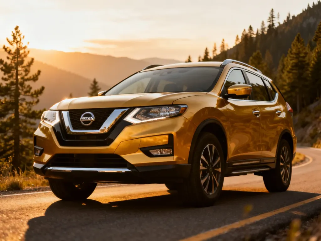 Nowoczesny Nissan X-Trail zaparkowany na malowniczej górskiej drodze w świetle zachodzącego słońca.