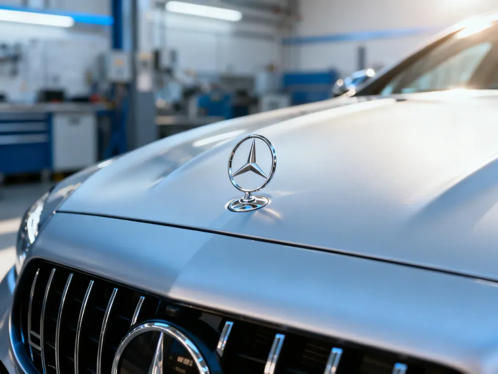 Otwarta komora silnika samochodu Mercedes-Benz z widocznym emblematem marki w nowoczesnym warsztacie.