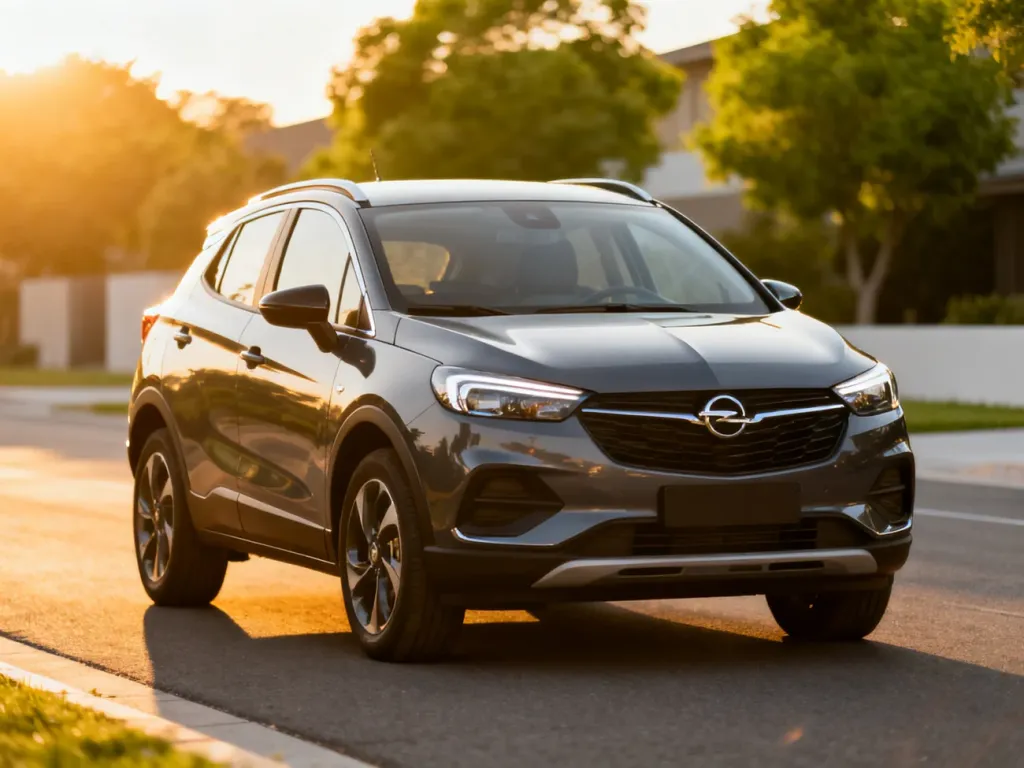 Nowoczesny Opel Mokka zaparkowany na drodze w świetle zachodzącego słońca, podkreślającym jego wyrazisty design.