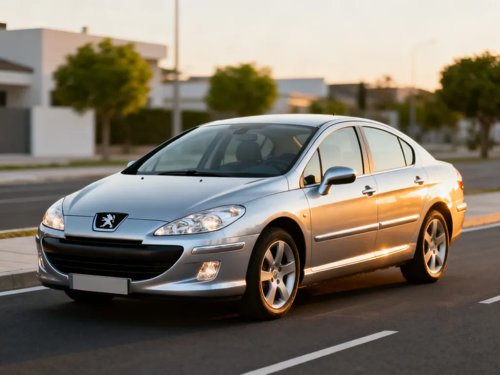 Srebrny sedan Peugeot 407 zaparkowany na nowoczesnej ulicy w blasku zachodzącego słońca.