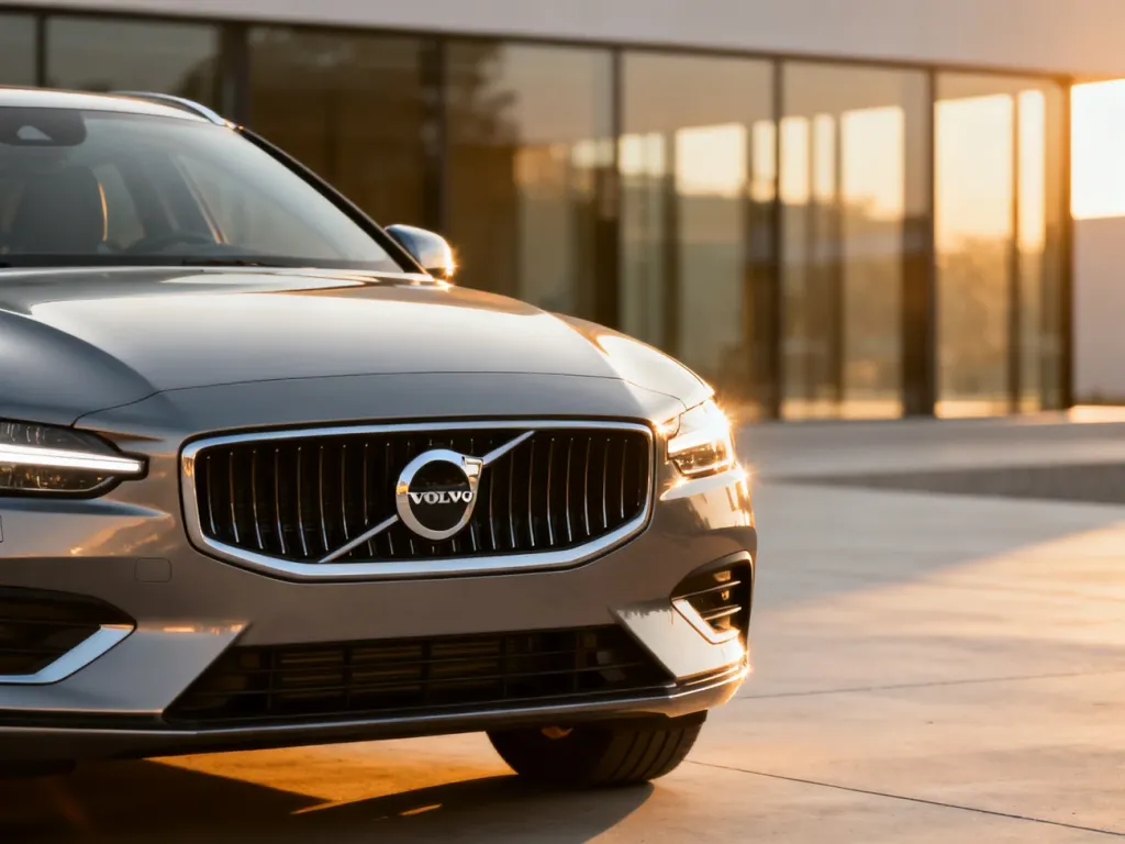 Nowoczesny przód Volvo V60 z charakterystycznym logo marki, zaparkowany na tle minimalistycznej architektury w świetle dnia.