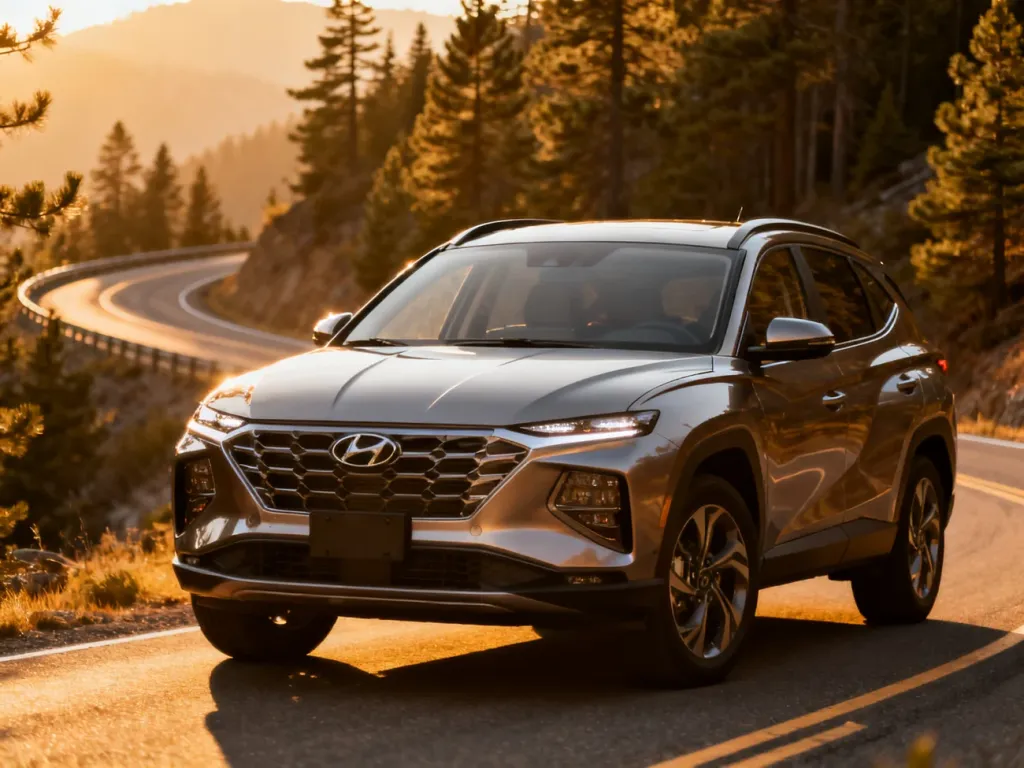 Nowoczesny Hyundai Tucson zaparkowany na malowniczej górskiej drodze w świetle zachodzącego słońca.