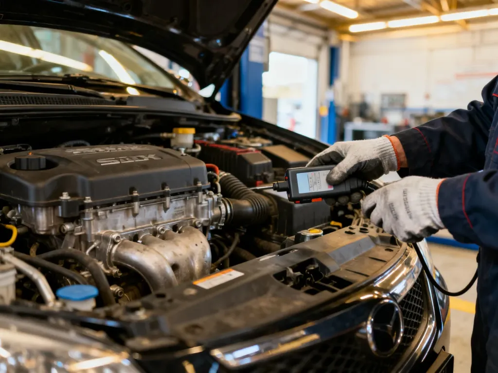Mechanik wykonujący profesjonalną diagnostykę silnika w nowoczesnym warsztacie samochodowym.