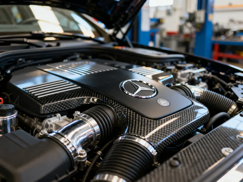 Zbliżenie na silnik Mercedesa klasy E (W212) z widocznym logo marki w profesjonalnym warsztacie.