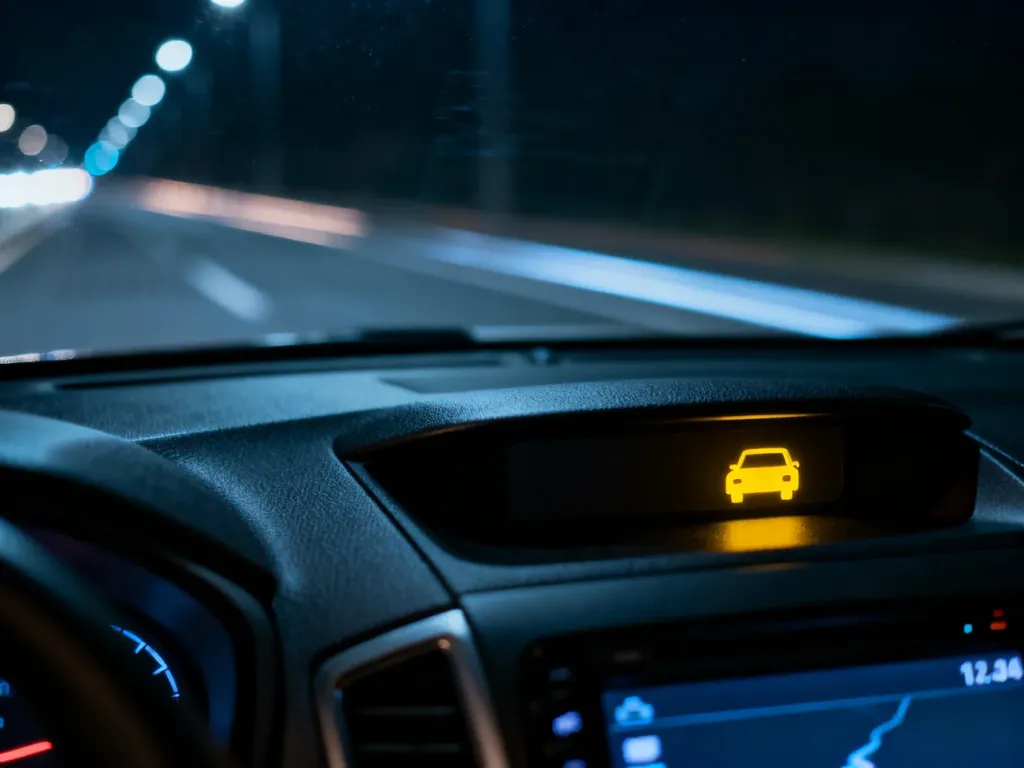 Świecąca na żółto kontrolka systemu kontroli trakcji (TC) na desce rozdzielczej samochodu podczas nocnej jazdy.