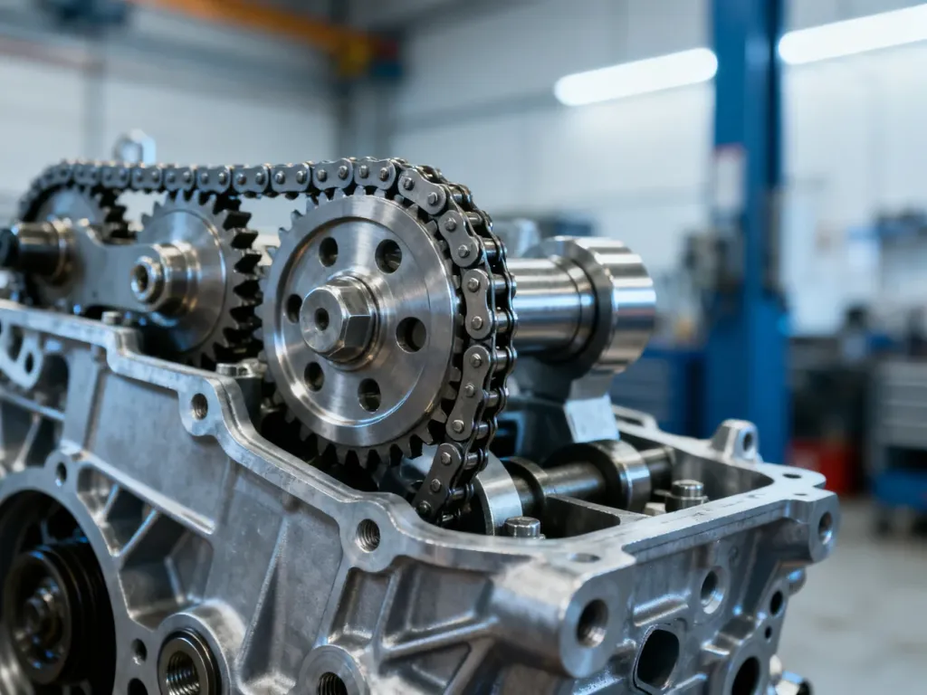 Zbliżenie na mechanizm łańcucha rozrządu w nowoczesnym silniku samochodowym z widocznymi metalowymi kołami zębatymi.