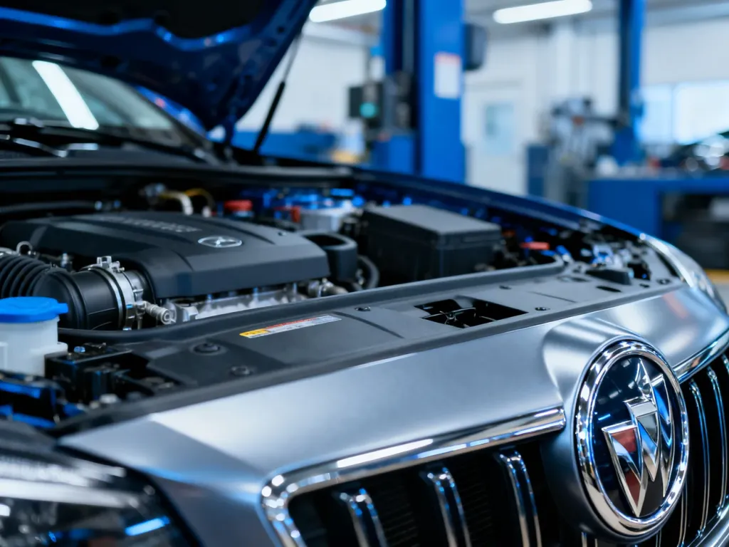 Zbliżenie na nowoczesną komorę silnika Volvo z widocznym emblematem marki, podkreślające precyzję inżynierii.
