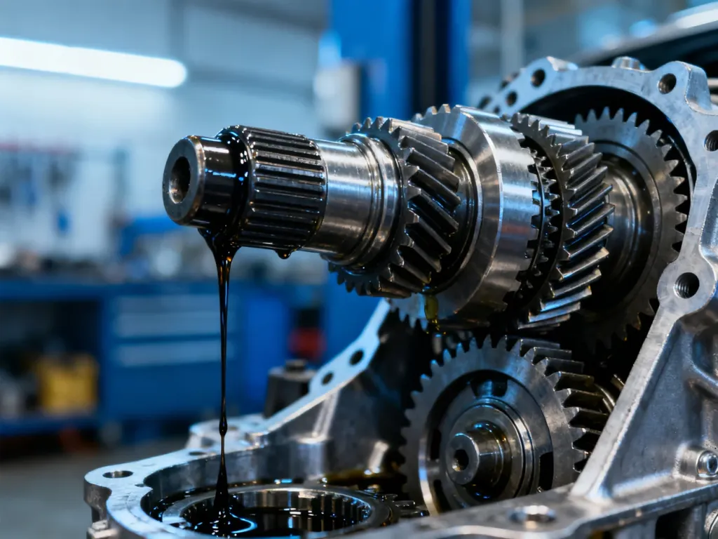 Wnętrze automatycznej skrzyni biegów DSG z widocznym mechanizmem przekładni i ściekającym świeżym olejem.