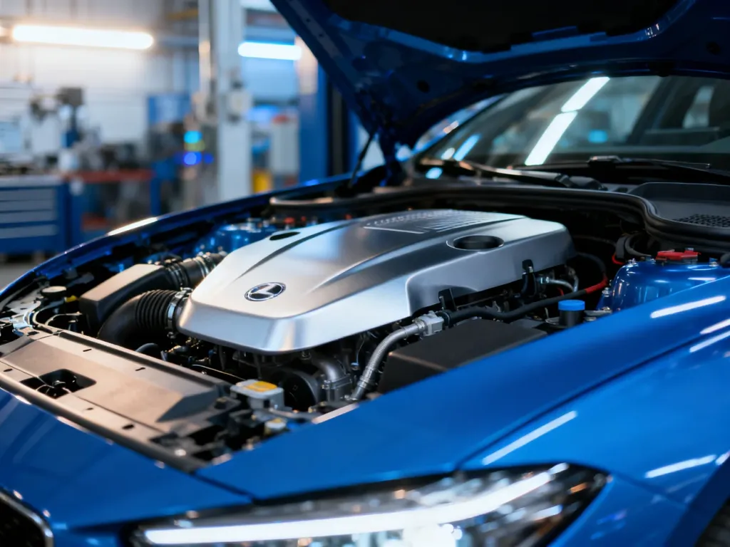 Nowoczesna komora silnika samochodu Seat Leon z widocznymi detalami technicznymi jednostki napędowej.