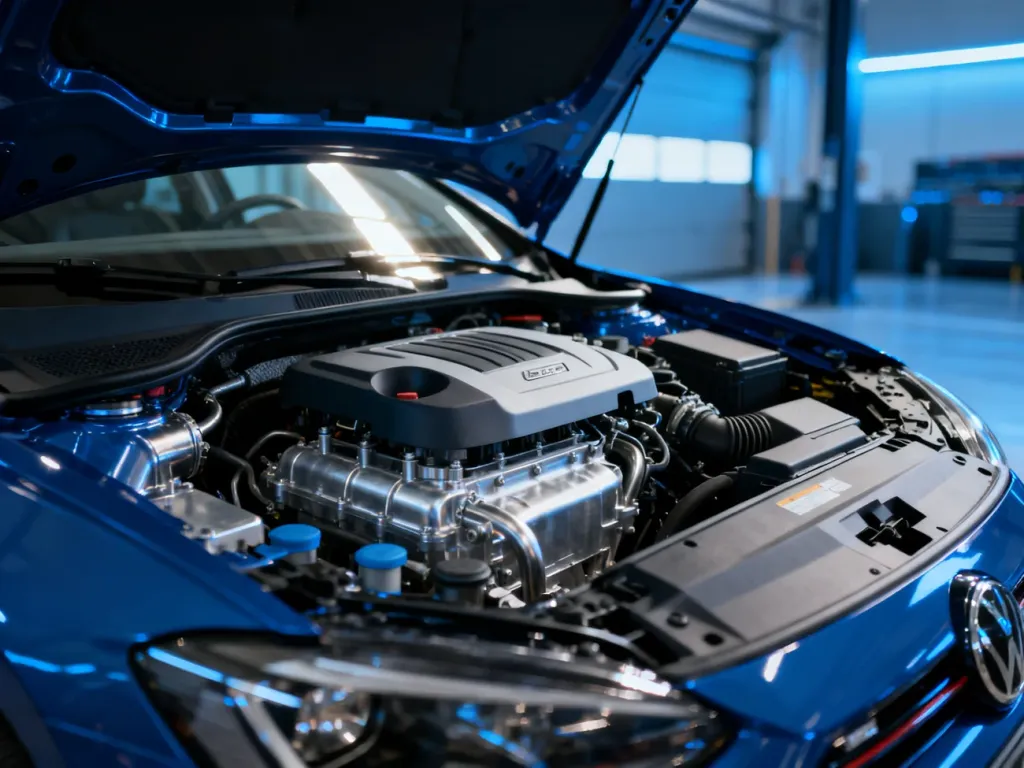 Nowoczesna komora silnika samochodu typu hatchback z widocznymi detalami mechanicznymi jednostki napędowej.