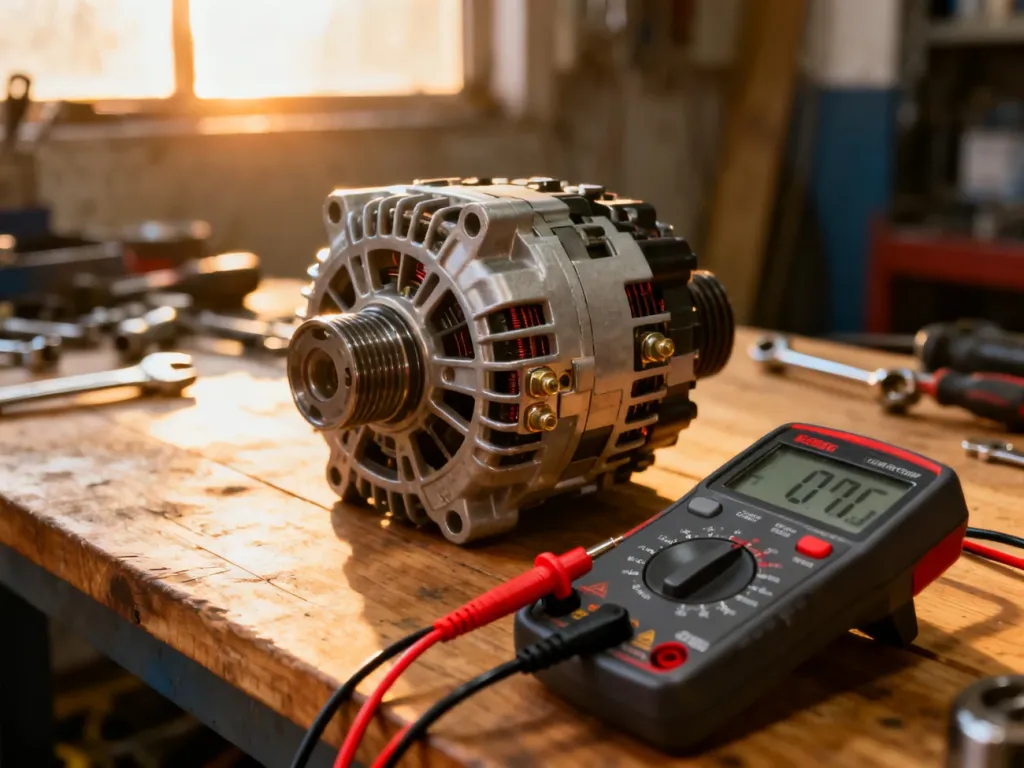 Alternator samochodowy podłączony do multimetru cyfrowego na warsztatowym stole podczas diagnostyki technicznej.
